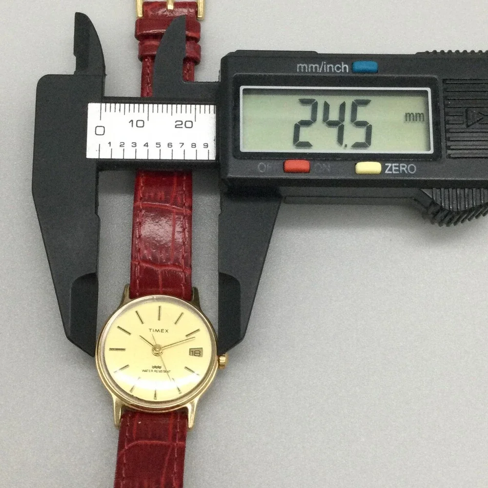 Vintage Timex Womens Watch 25mm Champagne Dial Date Red Leather Manual Wind